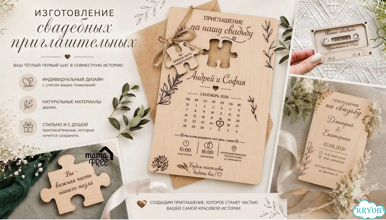 Деревянные свадебные приглашения, открытки фото 2