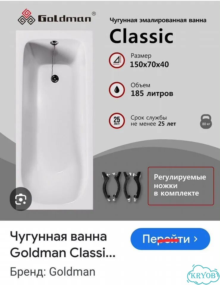 Ванна новая Goldman Classic - чугунная с ножками фото 2
