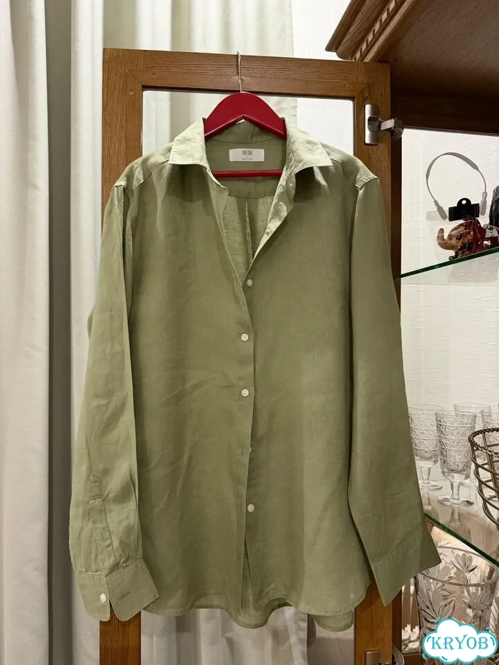 Рубашка Uniqlo 100% лен новая зеленая фото 3